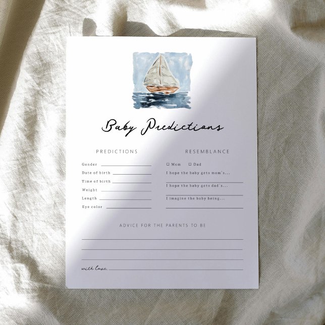 Nautische zeilboot voorspellingen Baby shower spel (Nautical watercolor sailboat chic baby shower baby predictions game.)