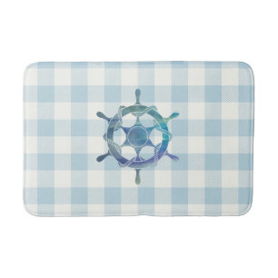 Nautische Zeilboot Wiel Blauw Gingham Check Kust Badmat