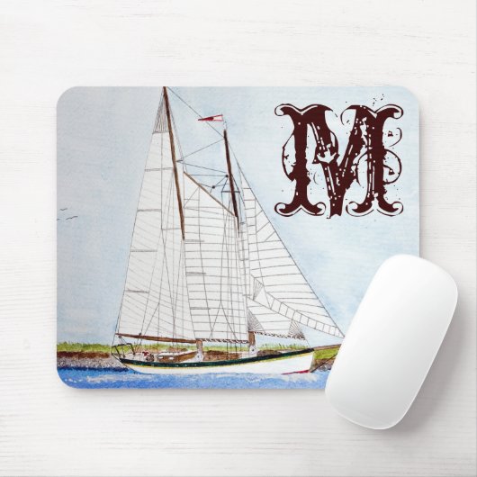 Nautische zeilboot Zee Monogram Initiaal Muismat (Met muis)