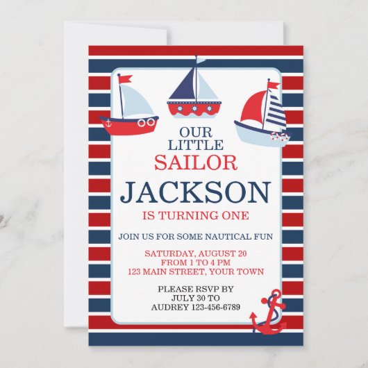Nautische zeilboten 1e verjaardag uitnodiging (Voorkant)