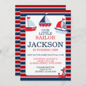 Nautische zeilboten 1e verjaardag uitnodiging (Voorkant / Achterkant)