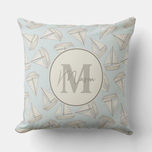 Nautische Zeilboten | Aangepaste naam & monogram Kussen (Voorkant)