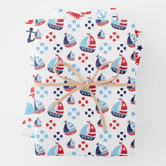 Nautische zeilboten, Ankers en walvissen Patroon Inpakpapier Vel (In situ)