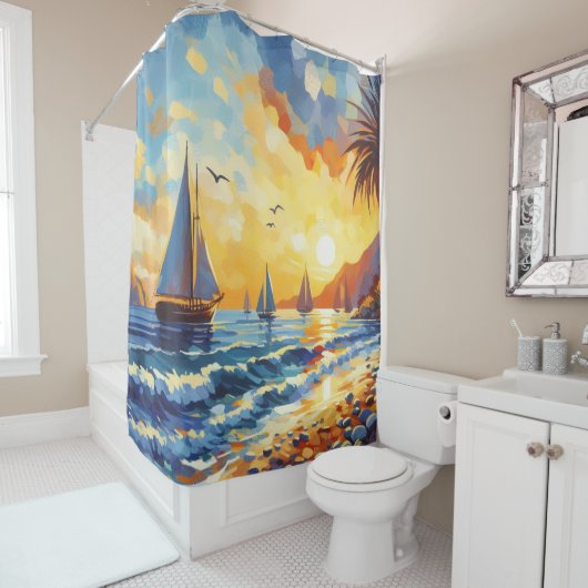 Nautische zeilboten Sunset Tropical Beach Douchegordijn (In situ)