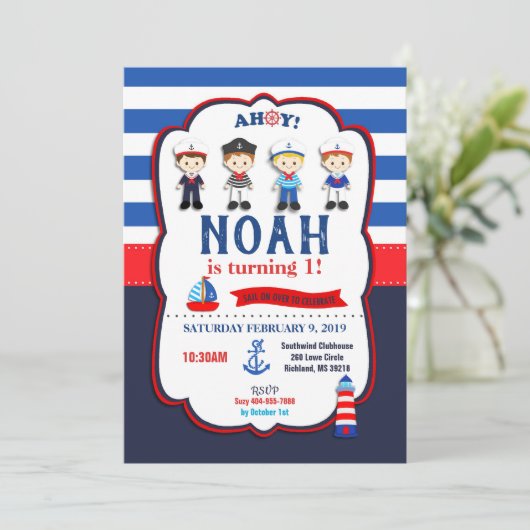 Nautische Zeilers Jongens Uitnodigingen (Staand voorkant)