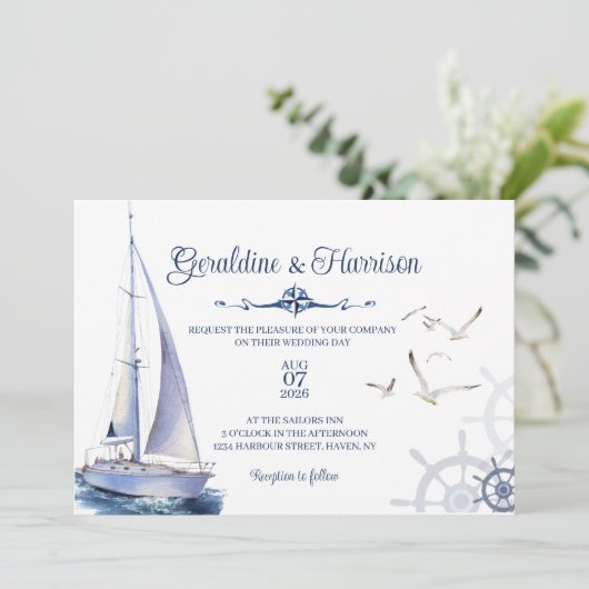 Nautische zeiljacht bruiloft uitnodiging (Staand voorkant)