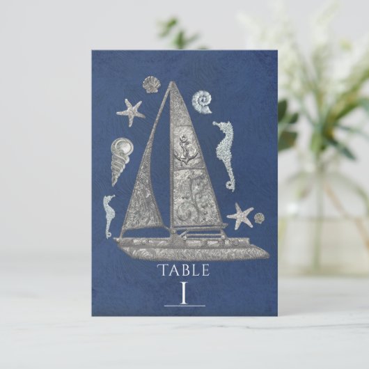 Nautische zilveren boot- en strand tafelnummerkaar kaart (Staand voorkant)