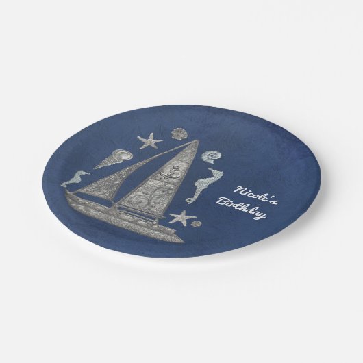 Nautische Zilveren Boot & Strand Dingen Elegant Pa Papieren Bordje (Gekanteld)