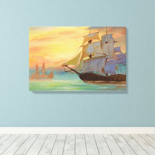 Nautische Zonsondergang Zeilschepen Canvas Afdruk (Insitu (Houten vloer))