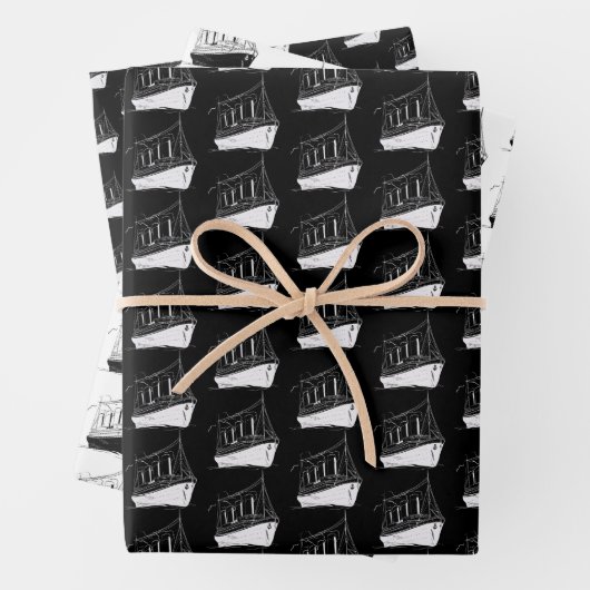 Nautische zwart-wit schip zeilboot inpakpapier vel (In situ)