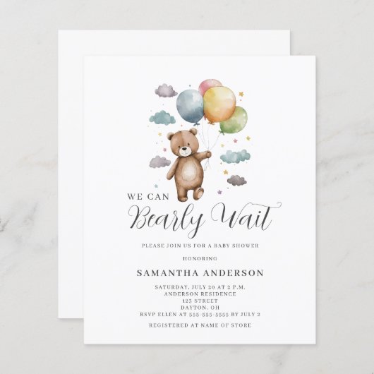 Nauw afwachten Beer Budget Baby shower Uitnodiging (Voorkant / Achterkant)