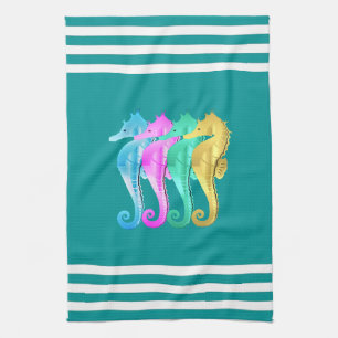 Nauwe aqua/roze/blauw/goudzeepaardhanddoek theedoek