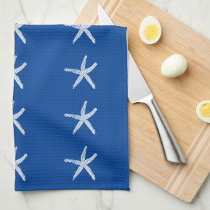 Nauwe Beach White Starfish Patronen Deep Blue Theedoek