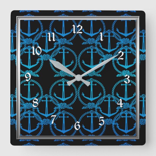 Nauwe blauw-ankermotif-vierkante wandklok (Voorkant)