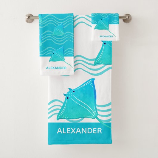 Nauwe Blauwgroen Blue Manta Ray Wave Bath-handdoek Bad Handdoek (Insitu)