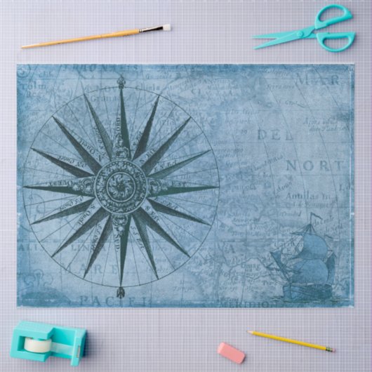 Nauwe Kaart Zeilboot Compass Decoupage Blue Tissuepapier (Craft)