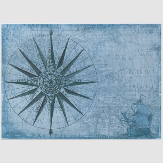 Nauwe Kaart Zeilboot Compass Decoupage Blue Tissuepapier (Voorkant)