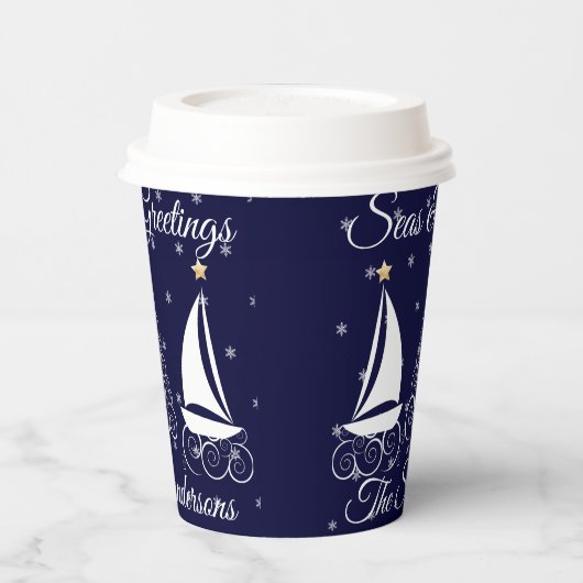 Nauwe kerstmarinesblauwe zeilboot papieren bekers (Links)