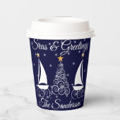 Nauwe kerstmarinesblauwe zeilboot papieren bekers (Achterkant)
