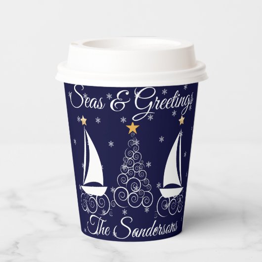 Nauwe kerstmarinesblauwe zeilboot papieren bekers (Achterkant)
