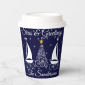 Nauwe kerstmarinesblauwe zeilboot papieren bekers (Voorkant)