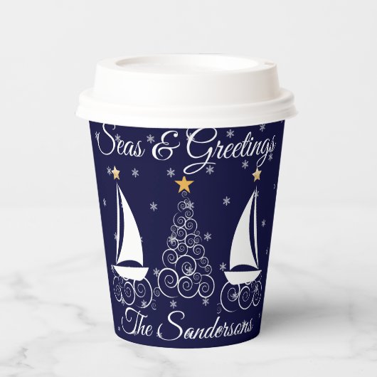 Nauwe kerstmarinesblauwe zeilboot papieren bekers (Voorkant)