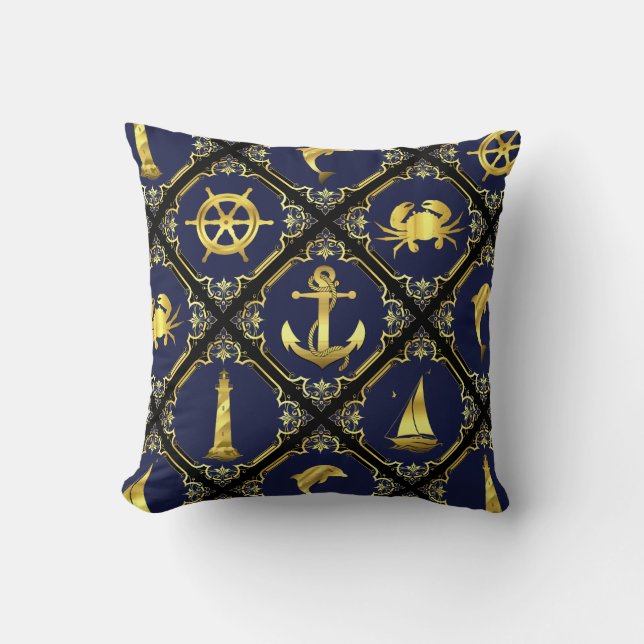 Nauwe marine/goud/dolfijn/zeilboot/anker/krab kussen (Voorkant)