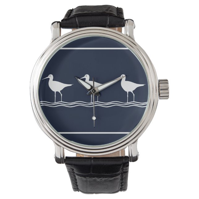 Nauwe marineblauw Witte zand Pipers waterliefhebbe Horloge (Voorkant)