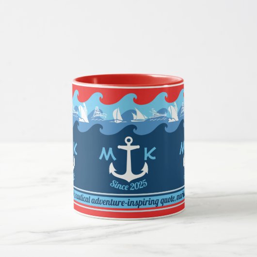 Nauwe monogram Anchor Waves Boat Red White Blue Mok (Midden)