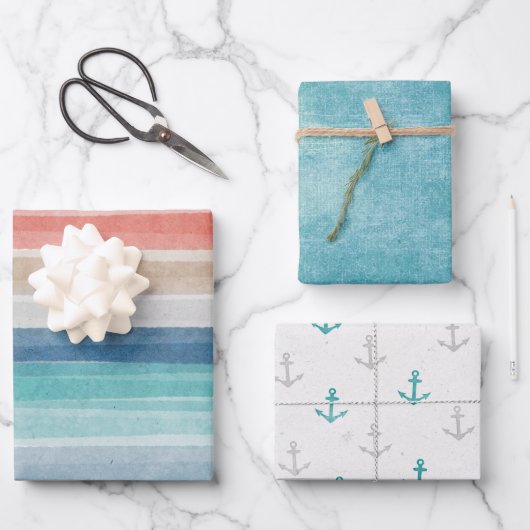 Nauwe Waterverf Stripe Anchors Mengsel n Match Inpakpapier Vel (Voorkant)