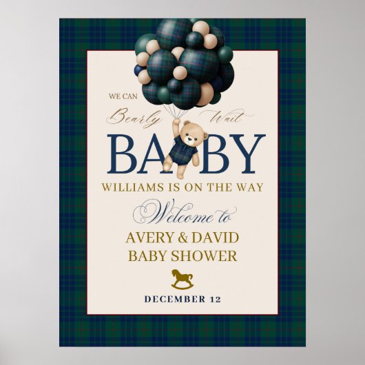 Nauwelijks Wachten Preppy Teddy Ballon Baby Shower Poster (Voorkant)