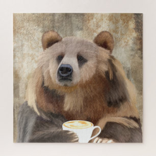 Nauwelijks wakker grizzly Beer nippen koffie Legpuzzel