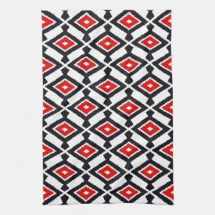 Navajo Ikat Pattern, Dark Red, Black and White Theedoek