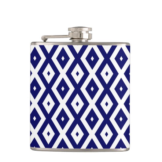Navelblauw en wit diamantpatroon heupfles (Voorkant)