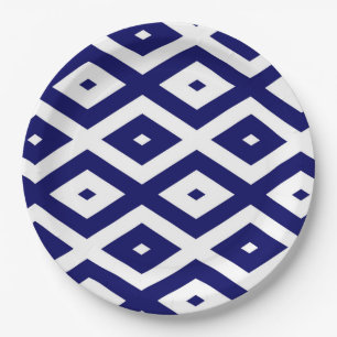 Navelblauw en wit diamantpatroon papieren bordje