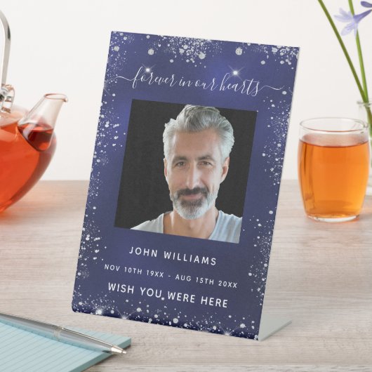 Navelblauw zilveren glitter-fotogedenkteken reclamebord met voetstuk (Insitu)