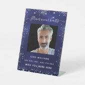 Navelblauw zilveren glitter-fotogedenkteken reclamebord met voetstuk (Voorkant)