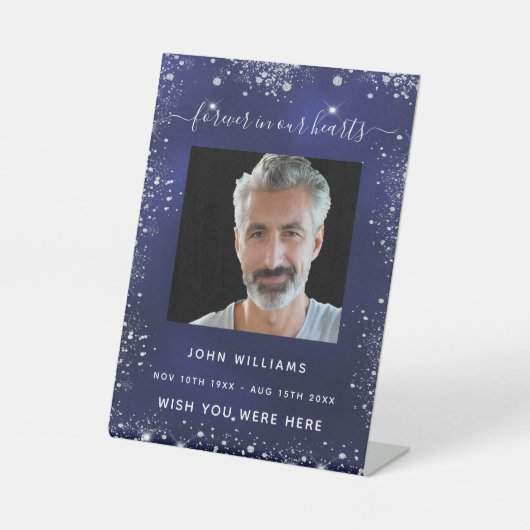Navelblauw zilveren glitter-fotogedenkteken reclamebord met voetstuk (Voorkant)