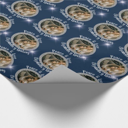 Navidades Foto Ronde Zilveren Sterren Blauw Cadeaupapier (Hoek)