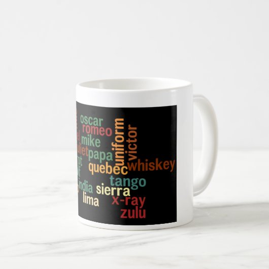 NAVO-fonetisch alfabet (donkere achtergrond) Koffiemok (Voorkant rechts)