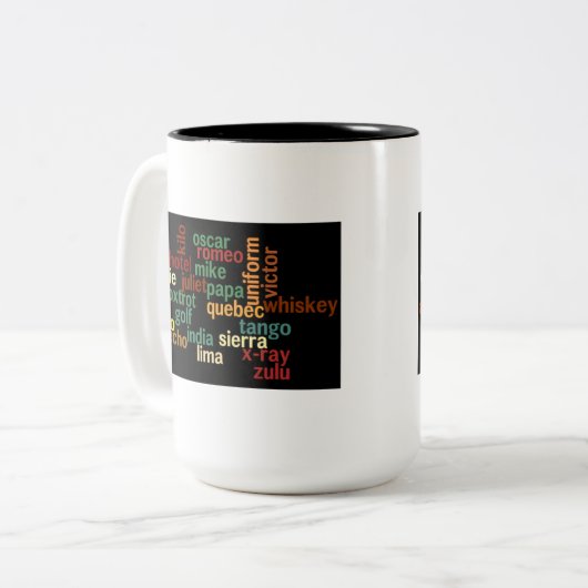 NAVO-fonetisch alfabet (donkere achtergrond) Tweekleurige Koffiemok (Voorkant links)
