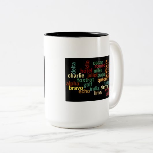 NAVO-fonetisch alfabet (donkere achtergrond) Tweekleurige Koffiemok (Voorkant rechts)