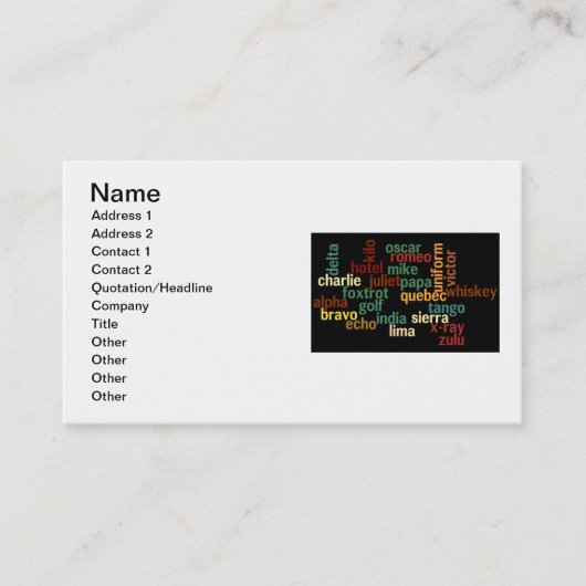 NAVO-fonetisch alfabet (donkere achtergrond) Visitekaartje (Voorkant)