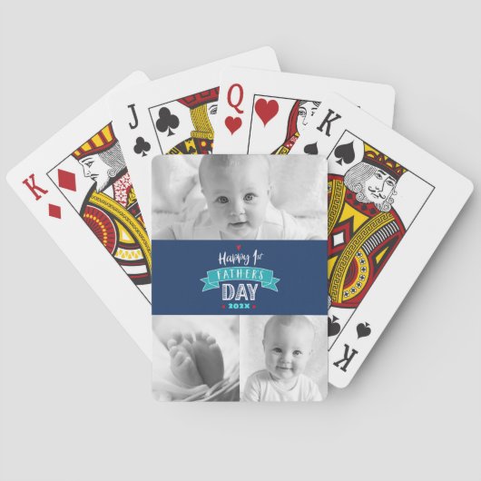 Navy 3 Foto Gelukkig 1e Vaderdag Modern Cool Pokerkaarten (Achterkant)