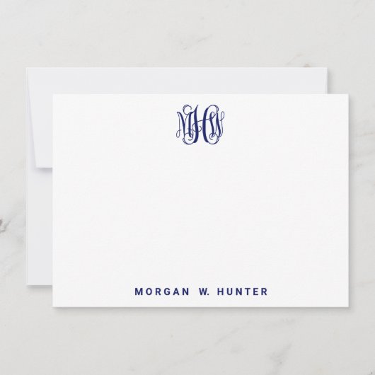 Navy 3 Initiaal Vine Script Monogram DIY BG Bedankkaart (Voorkant)