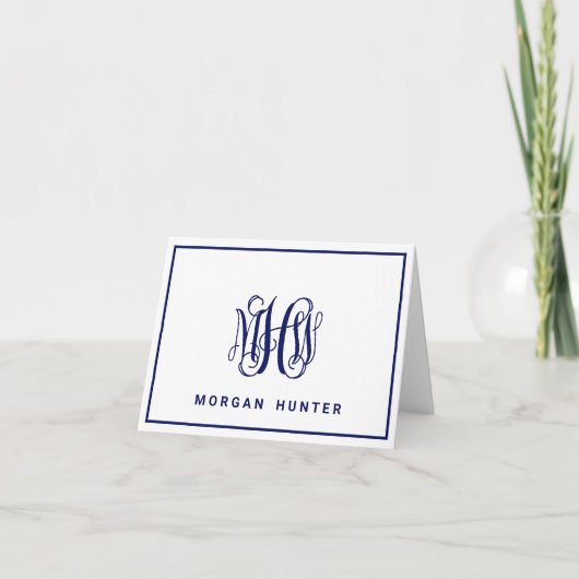 Navy 3 Initiaal Vine Script Monogram DIY BG Notitiekaartje (Voorkant)