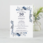 Navy 50e bruiloft Jubileum Monogram Bloemen Kaart (Staand voorkant)