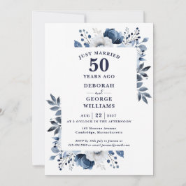 Navy 50e bruiloft Jubileum Monogram Bloemen Kaart