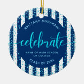 Navy Afstudeerder Foto Turquoise Glitter Script Ke Keramisch Ornament (Voorkant)