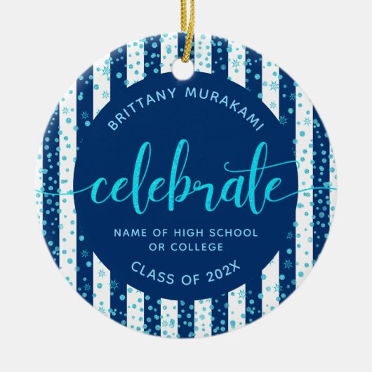 Navy Afstudeerder Foto Turquoise Glitter Script Ke Keramisch Ornament (Voorkant)